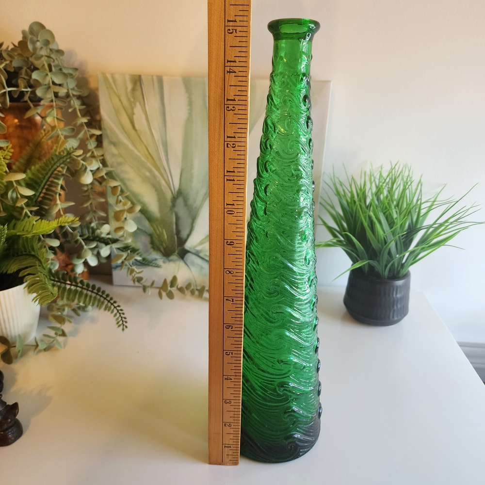 Vintage Italian Empoli Green Wave Genie Glass Bottle Decanter Italy MCM